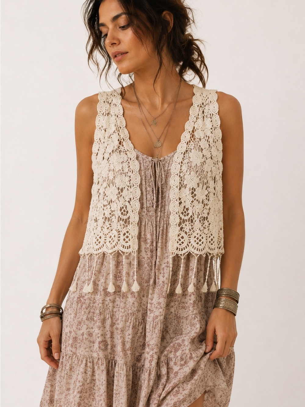 Women’s S Cream Crochet Lace Fringe Boho Festival Vest Top Sleeveless